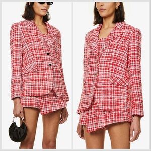 Rare SELF-PORTRAIT Red White Checked Boucle Single Breasted Tweed Blazer Sz 6